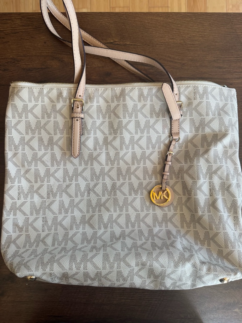 Michael Kors Beige Logo Canvas Tote with Pale Pink Straps and Gold Accent